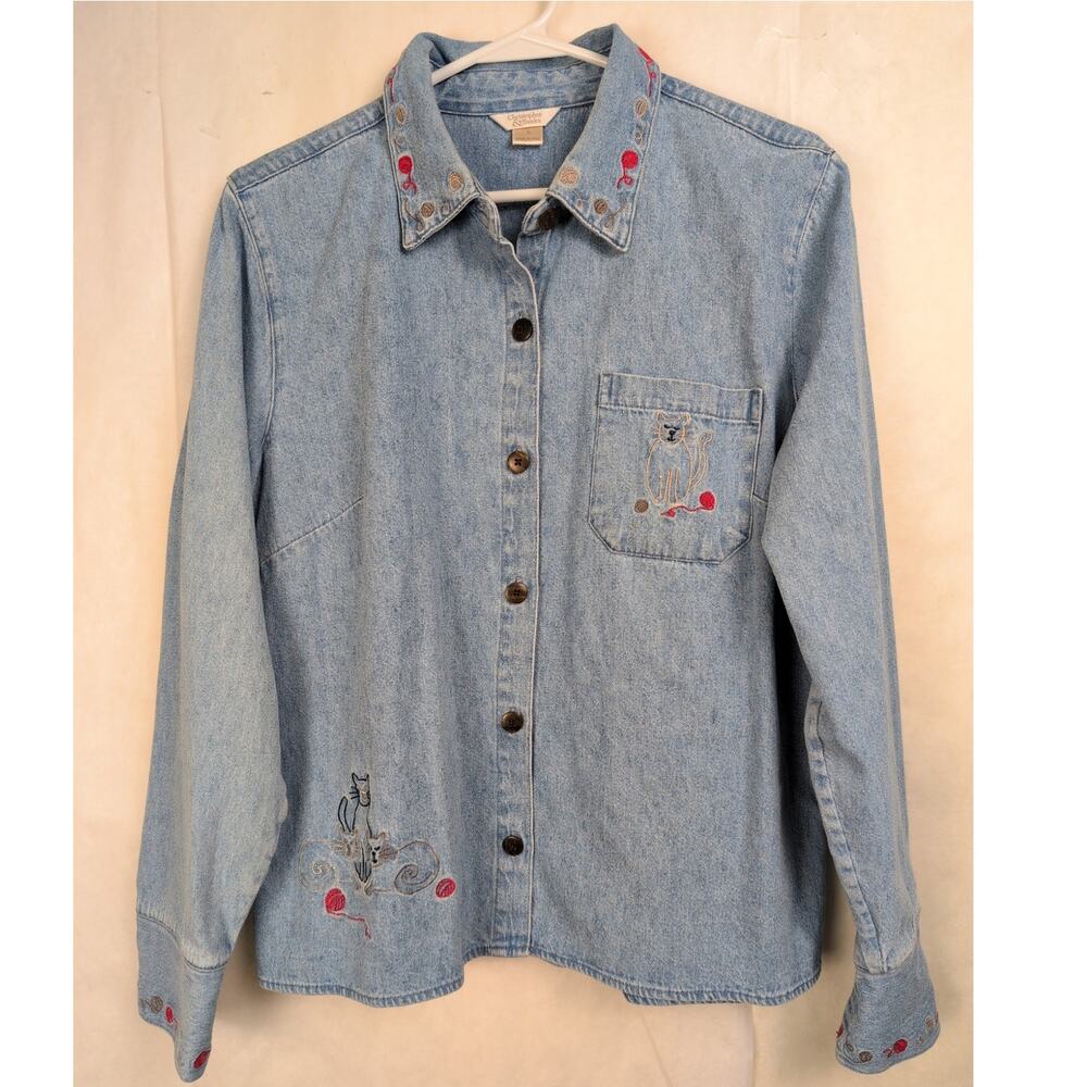 Christopher & Banks denim cat embroidered button up shirt Size L Cat Lady Retro